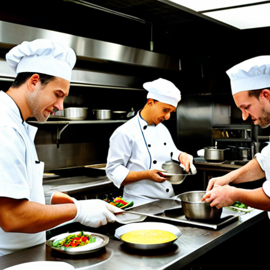 **

"A busy restaurant kitchen scene, chefs collaborating on preparing dishes, fully clothed in professional chef attire, stainless steel counters, gleaming cookware, focused expressions, safe for work, appropriate content, perfect anatomy, natural proportions, professional kitchen environment, family-friendly."

**