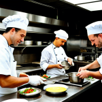 **

"A busy restaurant kitchen scene, chefs collaborating on preparing dishes, fully clothed in professional chef attire, stainless steel counters, gleaming cookware, focused expressions, safe for work, appropriate content, perfect anatomy, natural proportions, professional kitchen environment, family-friendly."

**