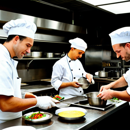**

"A busy restaurant kitchen scene, chefs collaborating on preparing dishes, fully clothed in professional chef attire, stainless steel counters, gleaming cookware, focused expressions, safe for work, appropriate content, perfect anatomy, natural proportions, professional kitchen environment, family-friendly."

**