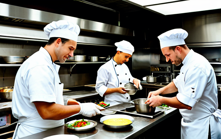 **
"A busy restaurant kitchen scene, chefs collaborating on preparing dishes, fully clothed in professional chef attire, stainless steel counters, gleaming cookware, focused expressions, safe for work, appropriate content, perfect anatomy, natural proportions, professional kitchen environment, family-friendly."
**