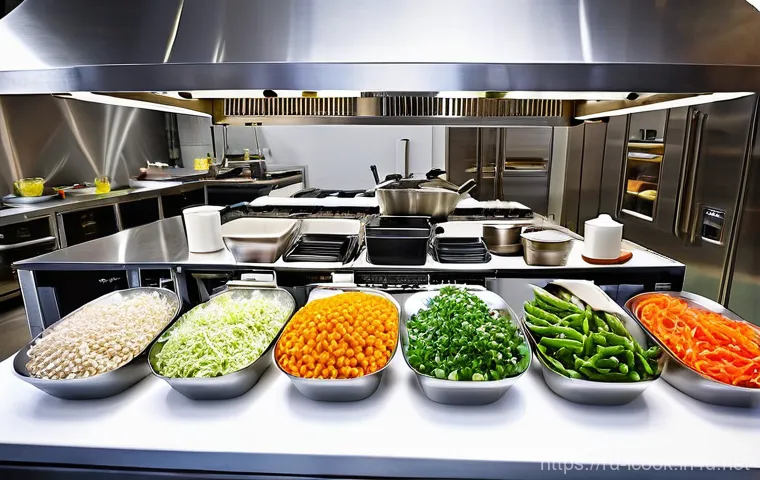 국제요리사 실기시험 중 주의할 점 - **A Professional Chef's Pristine Mise en Place in a High-Stakes Kitchen.**
    A close-up, wide-angl...