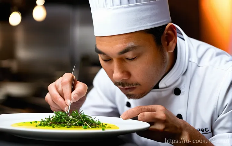 국제요리사 실기시험 중 주의할 점 - **A Professional Chef's Pristine Mise en Place in a High-Stakes Kitchen.**
    A close-up, wide-angl...
