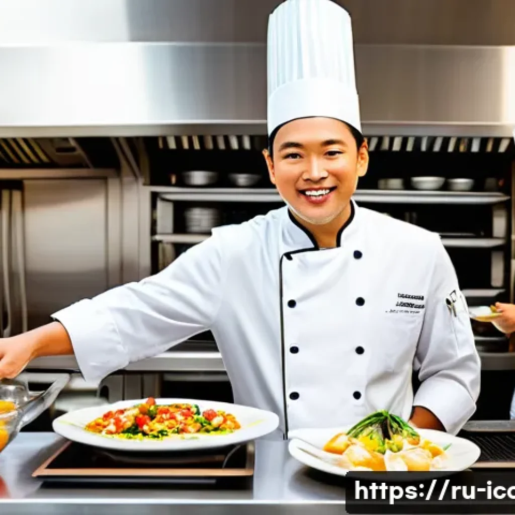 국제요리사 실무 경험을 돋보이게 만드는 법 - A professional international chef in a modern, high-end restaurant kitchen, wearing clean chef's whi...