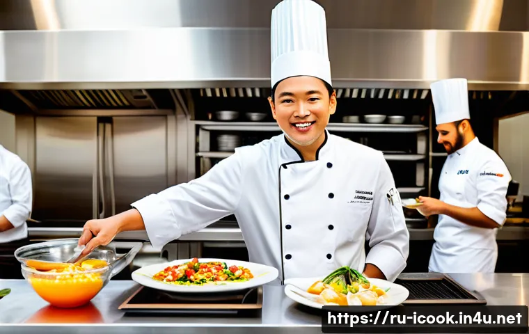 국제요리사 실무 경험을 돋보이게 만드는 법 - A professional international chef in a modern, high-end restaurant kitchen, wearing clean chef's whi...