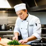 Home 22 요리사 실습과 실무의 차이 - A young culinary intern in a professional kitchen setting, wearing a clean white chef’s jacket and b...