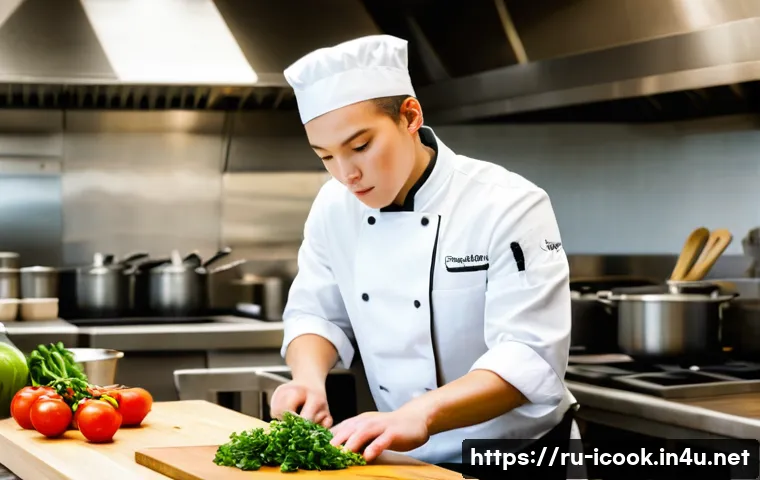 요리사 실습과 실무의 차이 - A young culinary intern in a professional kitchen setting, wearing a clean white chef&rsquo;s jacket and b...