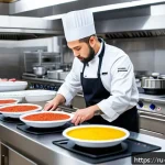 Home 20 국제요리사 시험장 환경 미리 알아보기 - A professional international culinary exam kitchen scene with a focused chef in clean professional a...