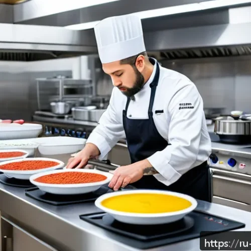 Home 32 국제요리사 시험장 환경 미리 알아보기 - A professional international culinary exam kitchen scene with a focused chef in clean professional a...
