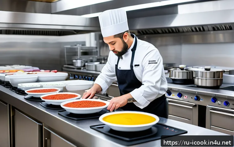 국제요리사 시험장 환경 미리 알아보기 - A professional international culinary exam kitchen scene with a focused chef in clean professional a...