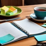 Home 19 요리사 업무일기 작성 팁 - A cozy kitchen workspace with an open paper diary on the wooden table, surrounded by colorful sticky...