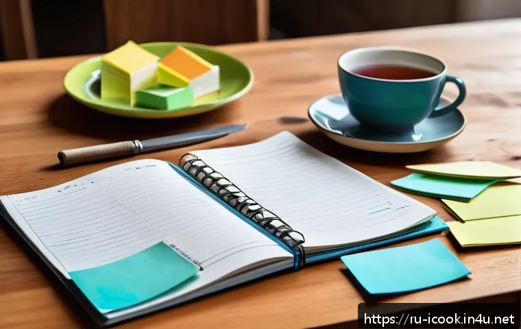요리사 업무일기 작성 팁 - A cozy kitchen workspace with an open paper diary on the wooden table, surrounded by colorful sticky...