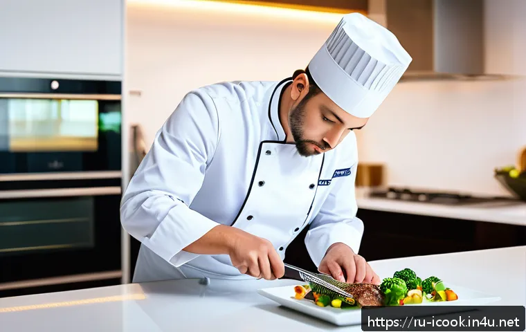 국제요리사 시험 응시생이 범하기 쉬운 실수 - A professional culinary exam setting in a well-lit, modern kitchen, showing a focused chef wearing c...