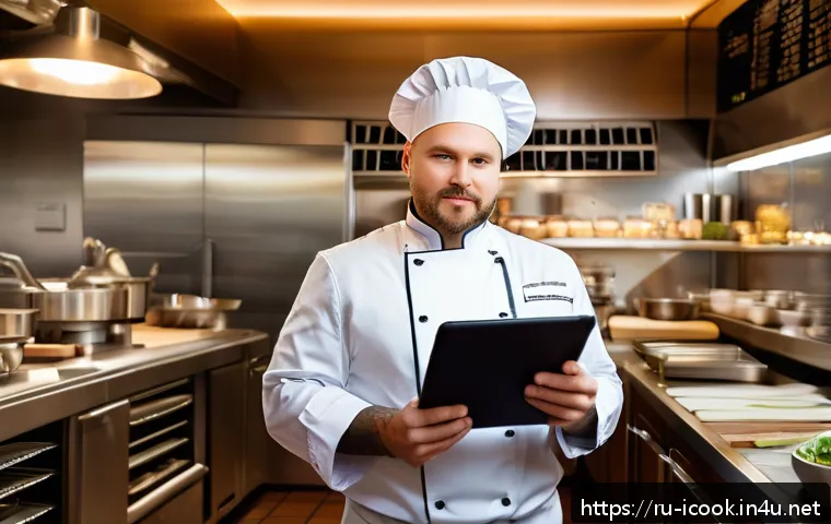 요리사 연봉 협상 시 유리한 조건 - A confident professional chef in a modern, upscale Russian restaurant kitchen, dressed in clean chef...