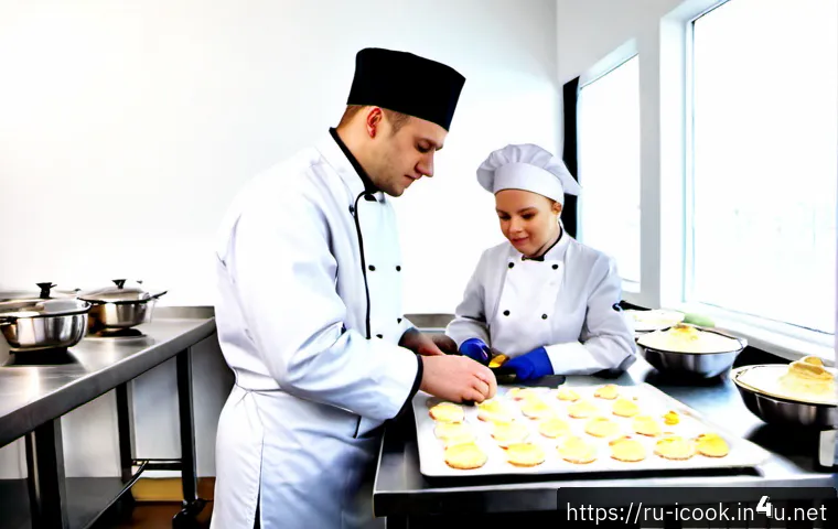 Home 17 요리사 자격증의 국가별 차이점 - Photorealistic side-by-side comparison scene in a bright culinary training kitchen: a Russian chef i...