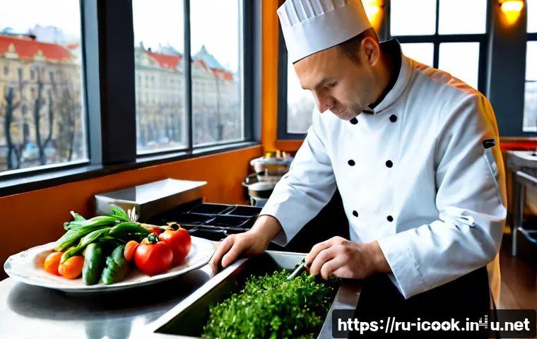 Home 17 국제요리사의 하루 일과 - Photorealistic early morning in a professional Moscow restaurant kitchen, an international chef in c...