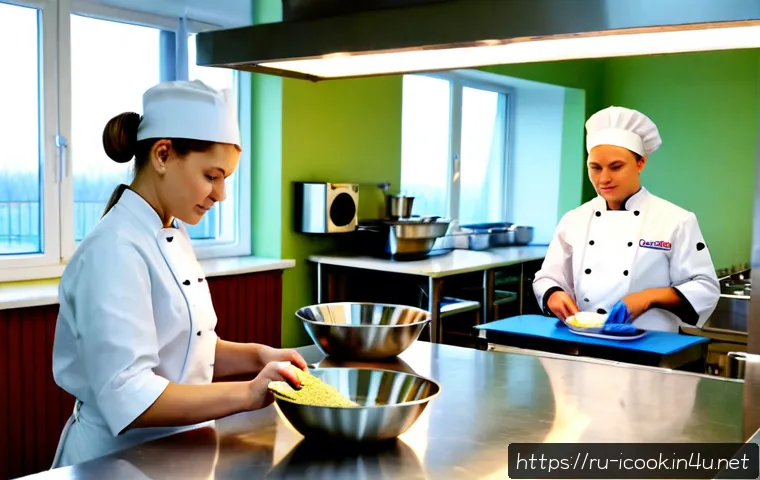Home 17 요리사의 실습 중 실수 방지법 - Photorealistic culinary school kitchen in Russia, young trainee chef carefully measuring ingredients...